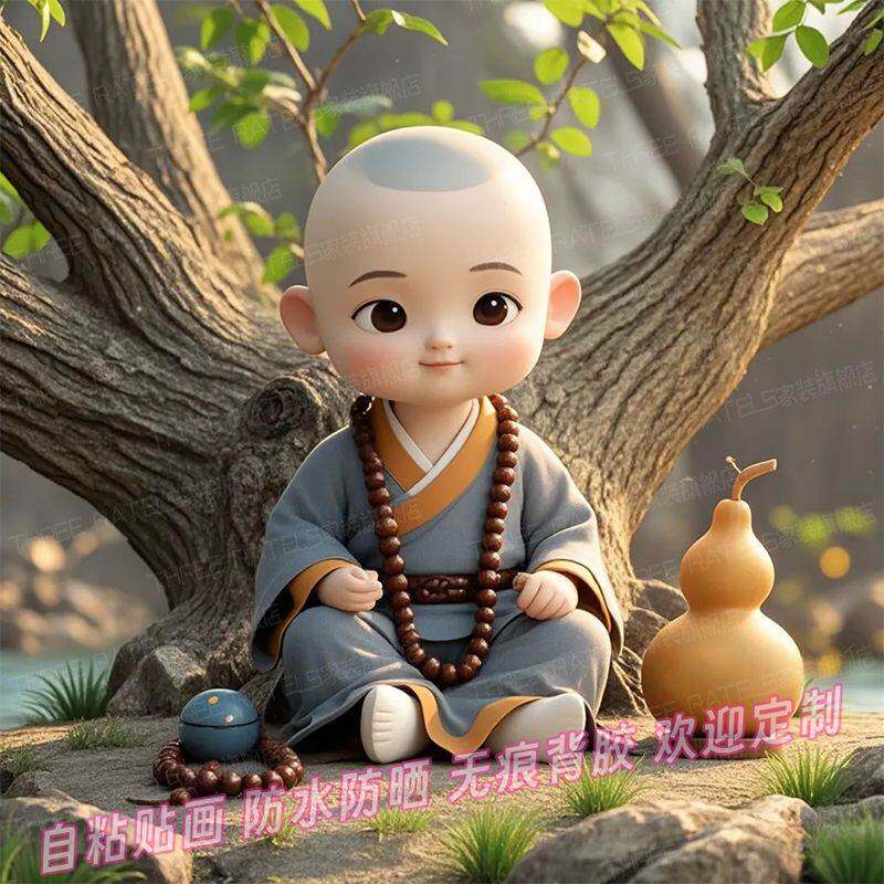 葫芦小和尚禅意卡通贴画福禄贴纸餐厅墙上古风壁画吉祥贴饰装饰画