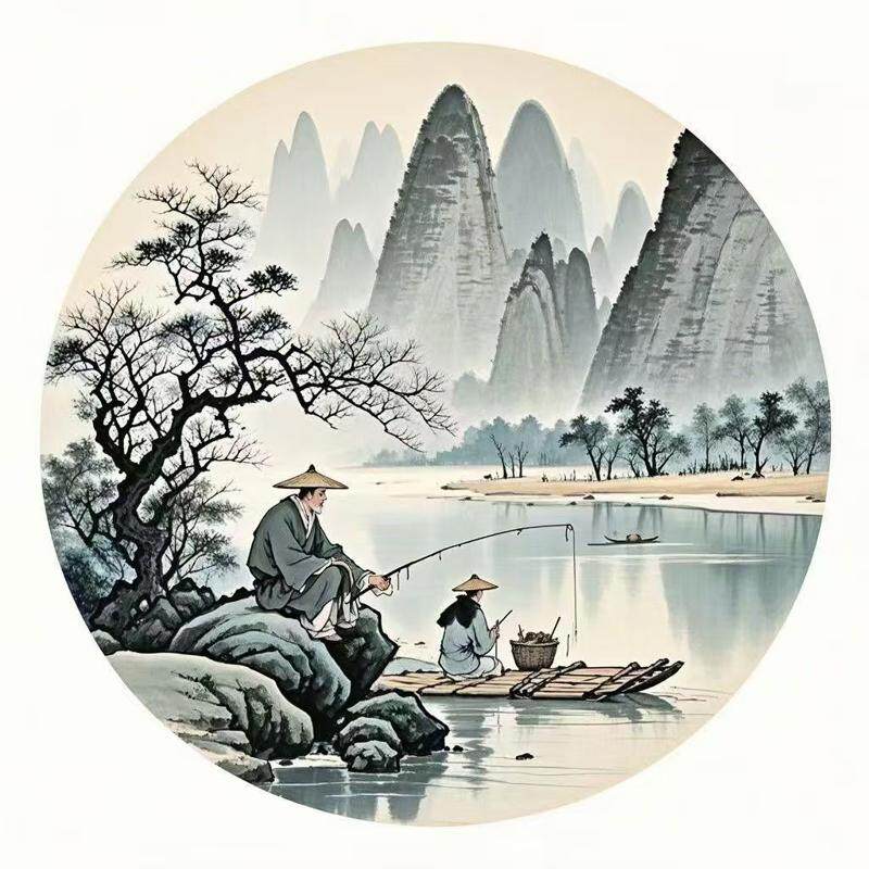 圆形防水自粘贴纸山水风景装饰室内书房门窗墙面美化自带背胶