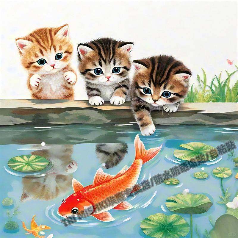 有趣的小猫抓鱼图创意贴纸冰箱厨房装饰贴纸餐厅橱柜防水自粘贴