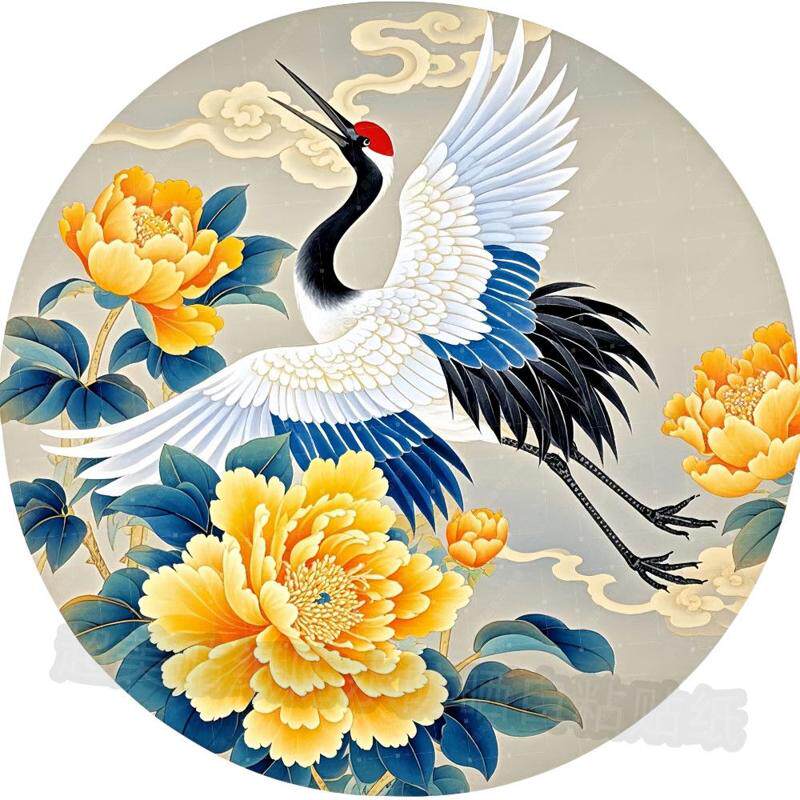 中国风圆形仙鹤贴纸书房茶室卧室内墙上橱柜装饰自粘贴画防水
