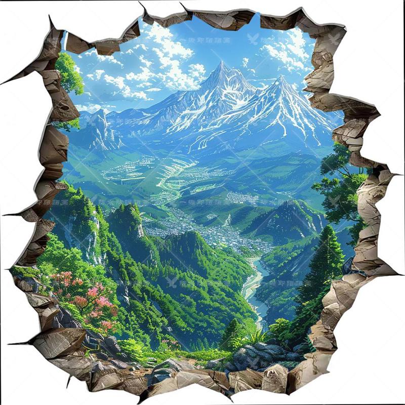3D视觉自然风光系列墙贴画宿舍玄关卧室防水装饰贴纸车贴门贴