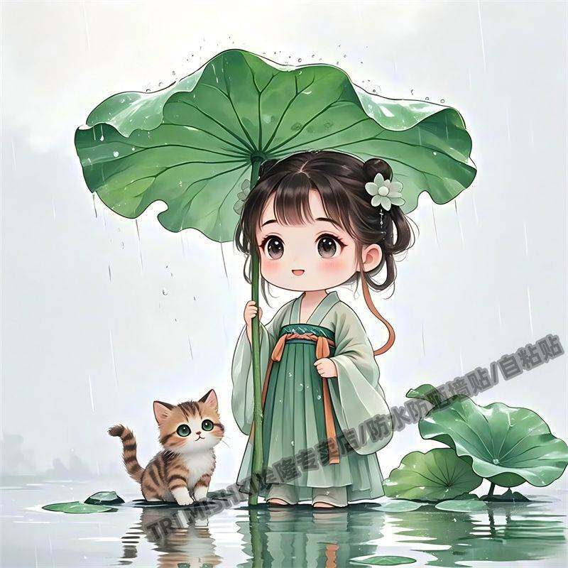 唯美汉服小美女和宠物猫贴纸汽车车身划痕贴纸卫生间马桶防水自粘