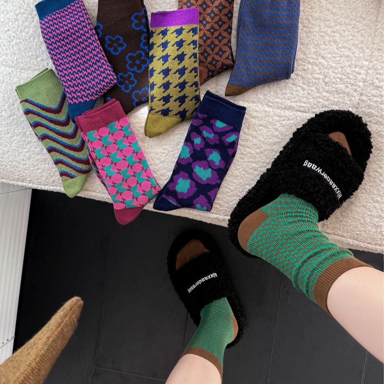 袜子女秋冬季复古双针双路千鸟格中筒堆堆袜美拉德色系文艺风棉袜