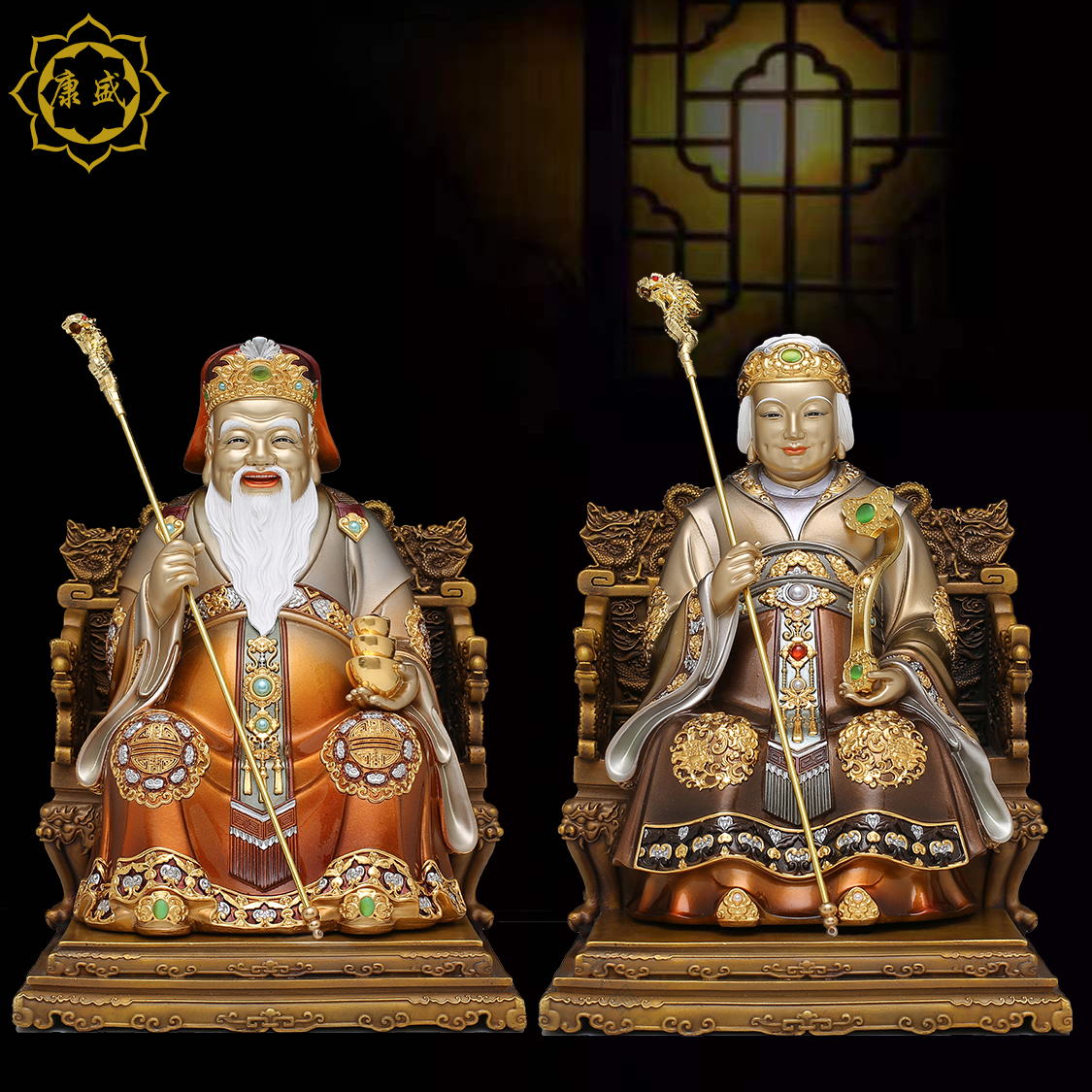 土地公婆神像纯铜彩绘福德正神地主爷地主财神土地爷土地奶摆件