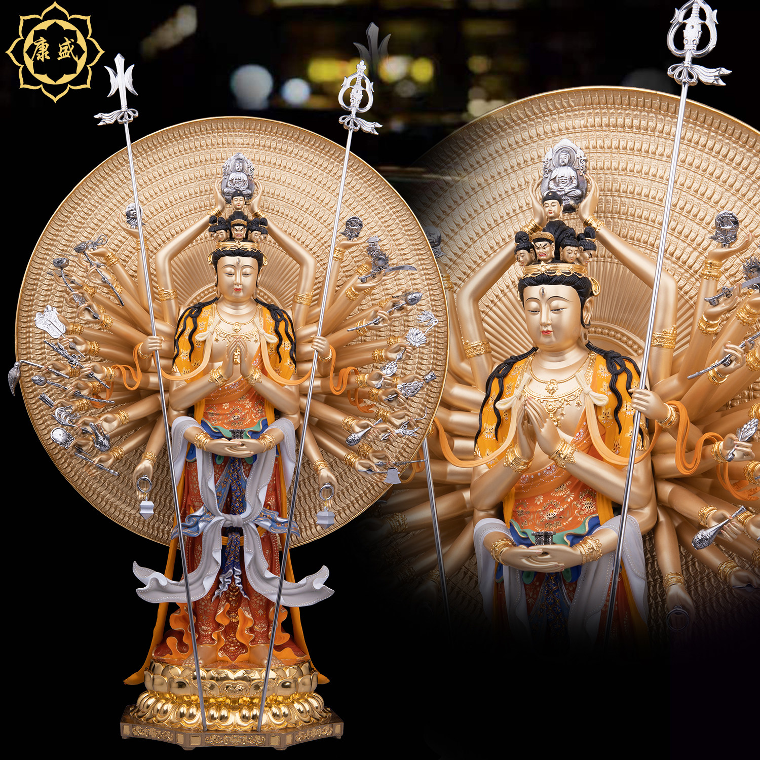 千手观音菩萨佛像铜彩绘千手千眼观世音中式家用客厅供奉摆件