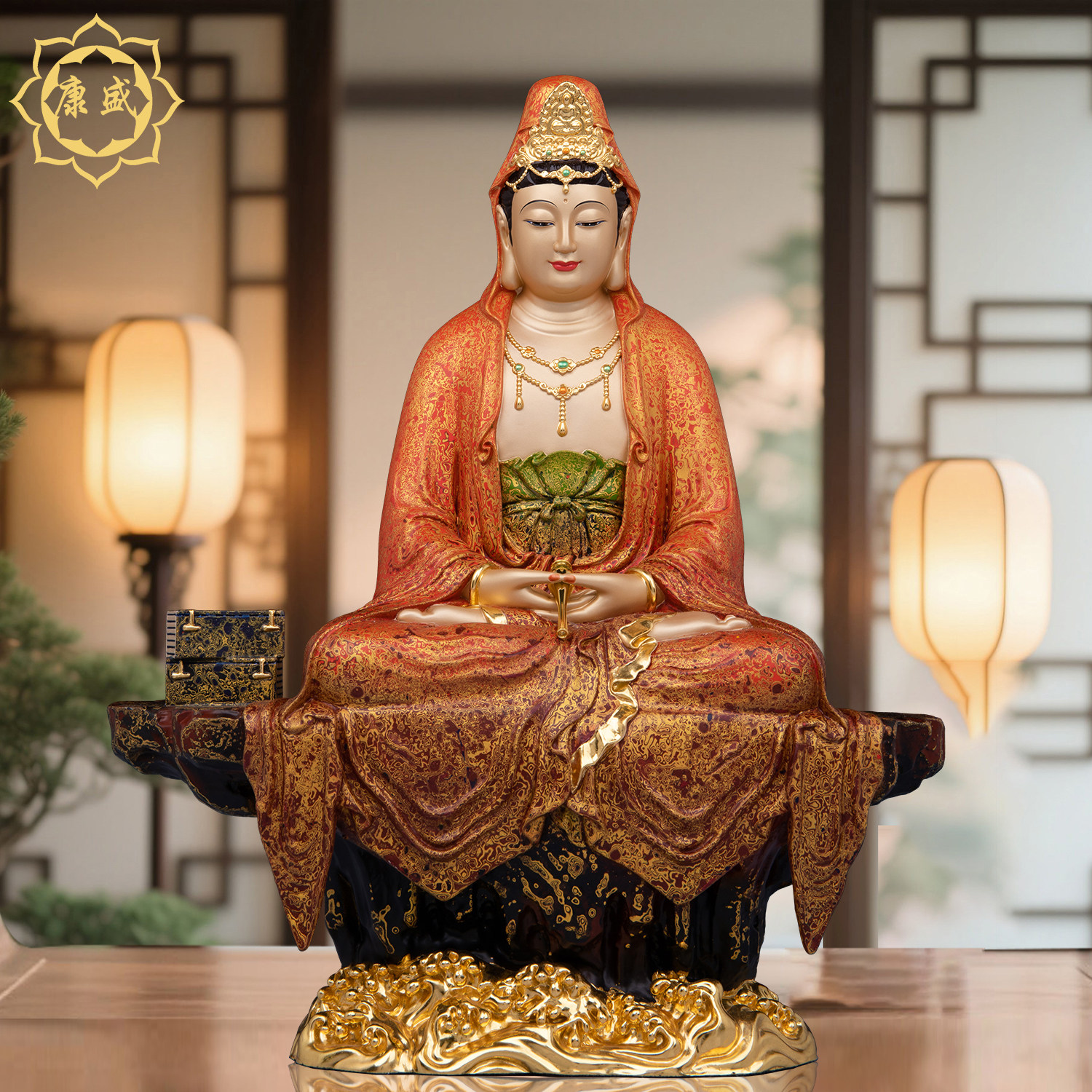 观音铜像家用供奉观世音菩萨佛像南海观世音菩萨铜大漆工艺摆件