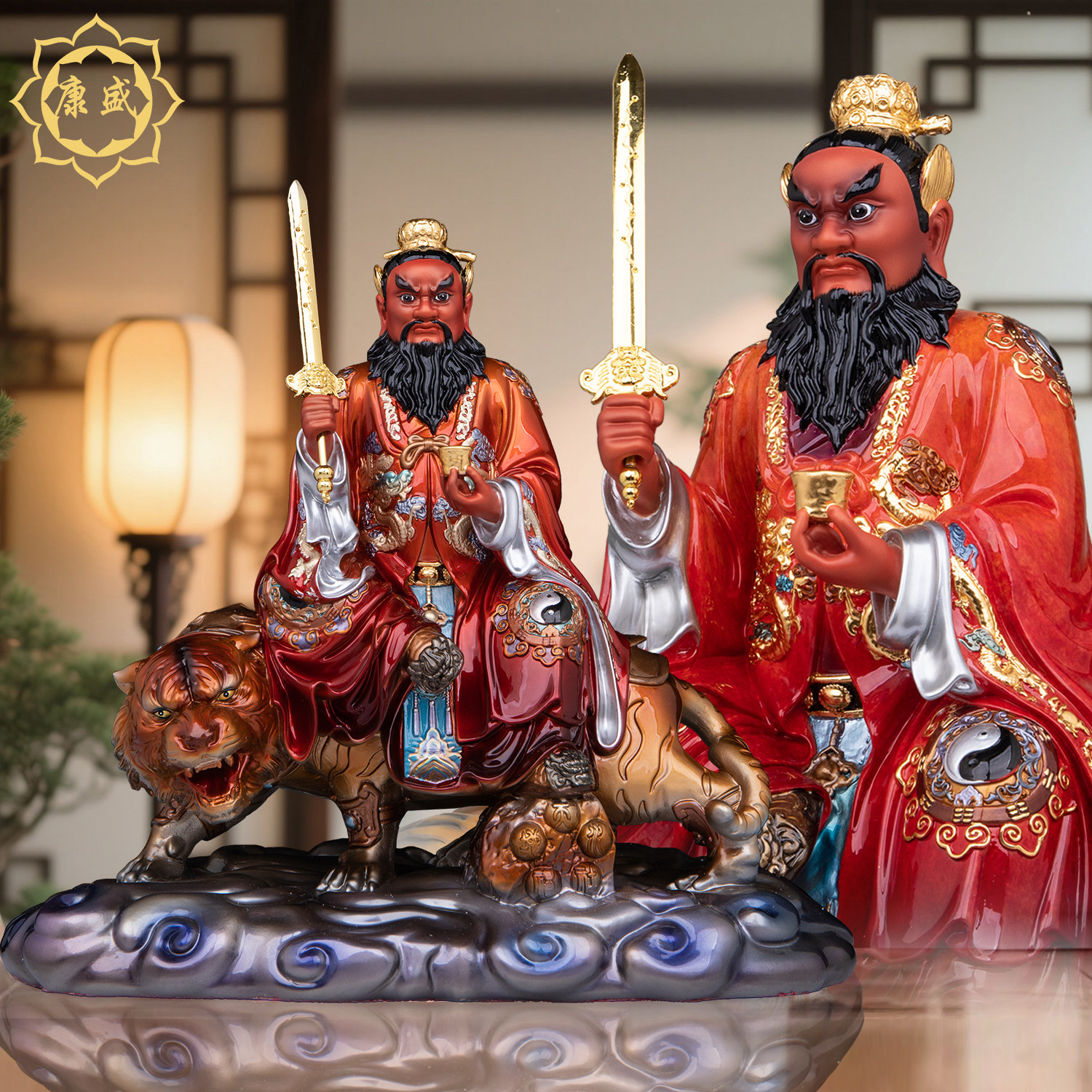 张天师神像黄铜彩绘叠染骑虎张道陵祖师爷祖天师正一真人供奉摆件