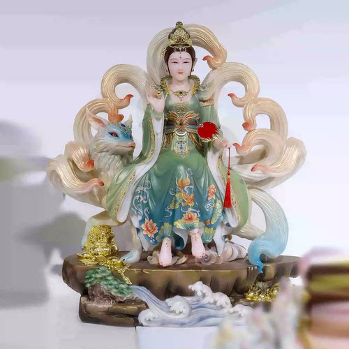 九尾狐娘娘神像狐帝摆件家用祝福汉白玉彩绘狐皇狐后九姑娘妲己