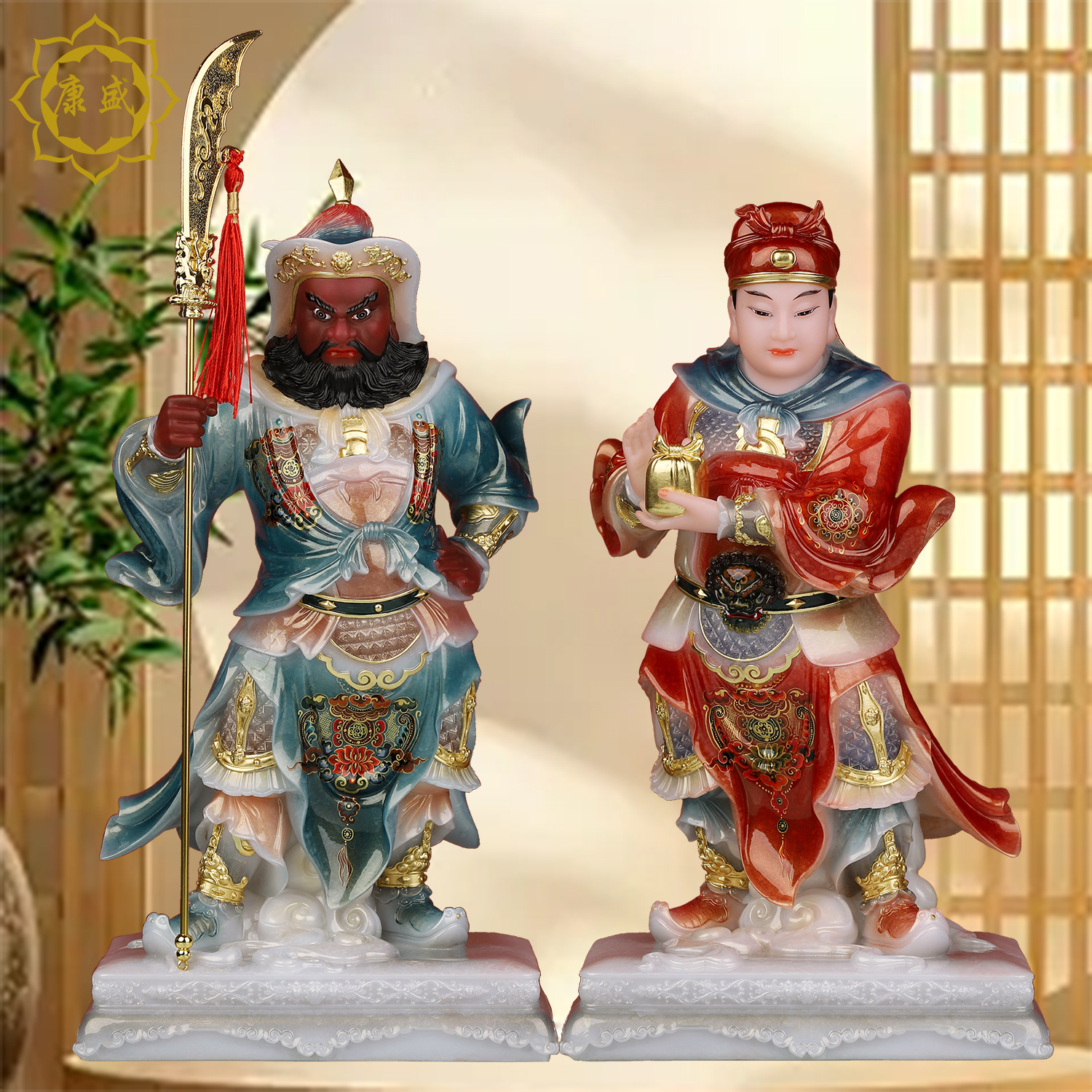關(guān)平周倉神像漢白玉古彩關(guān)公左右護(hù)法副將將軍家用供奉中式擺件