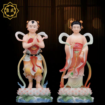 金童玉女佛像家用摆件汉白玉
