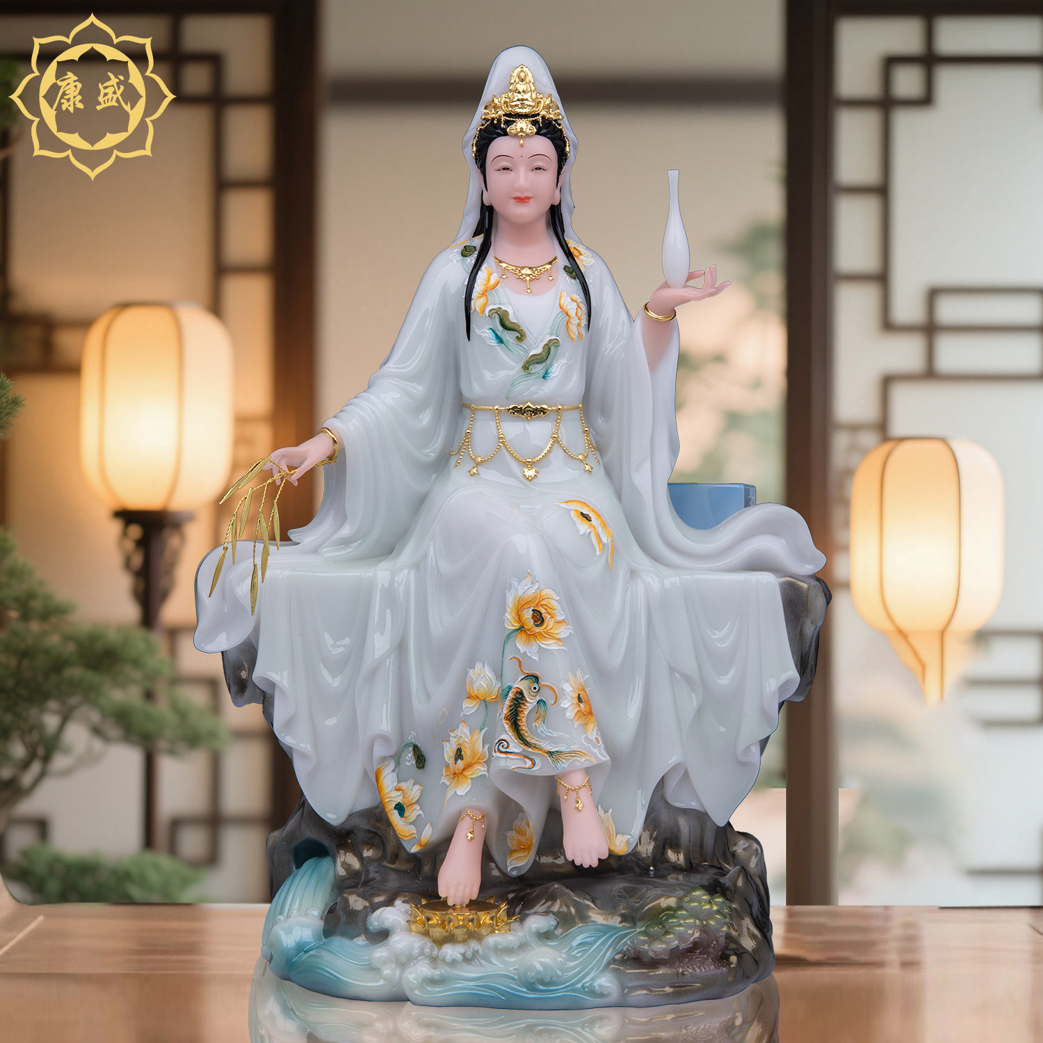 观音菩萨佛像自在观音菩萨汉白玉坐山观音南海观世音佛堂供奉摆件