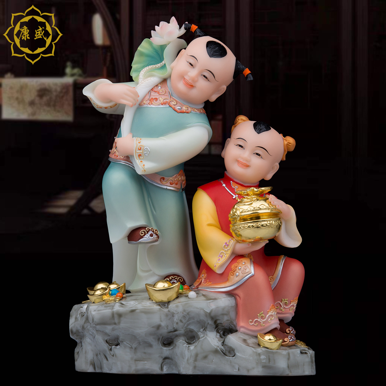 和合二圣神像汉白玉结婚礼品图片