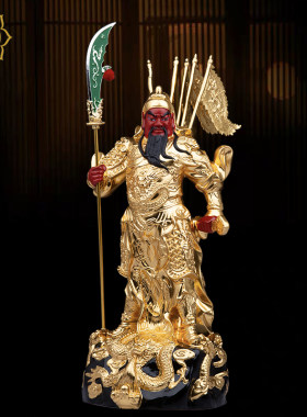 九龙关公佛像武圣武财神关二爷关羽铜像纯铜贴金居家办公室摆件