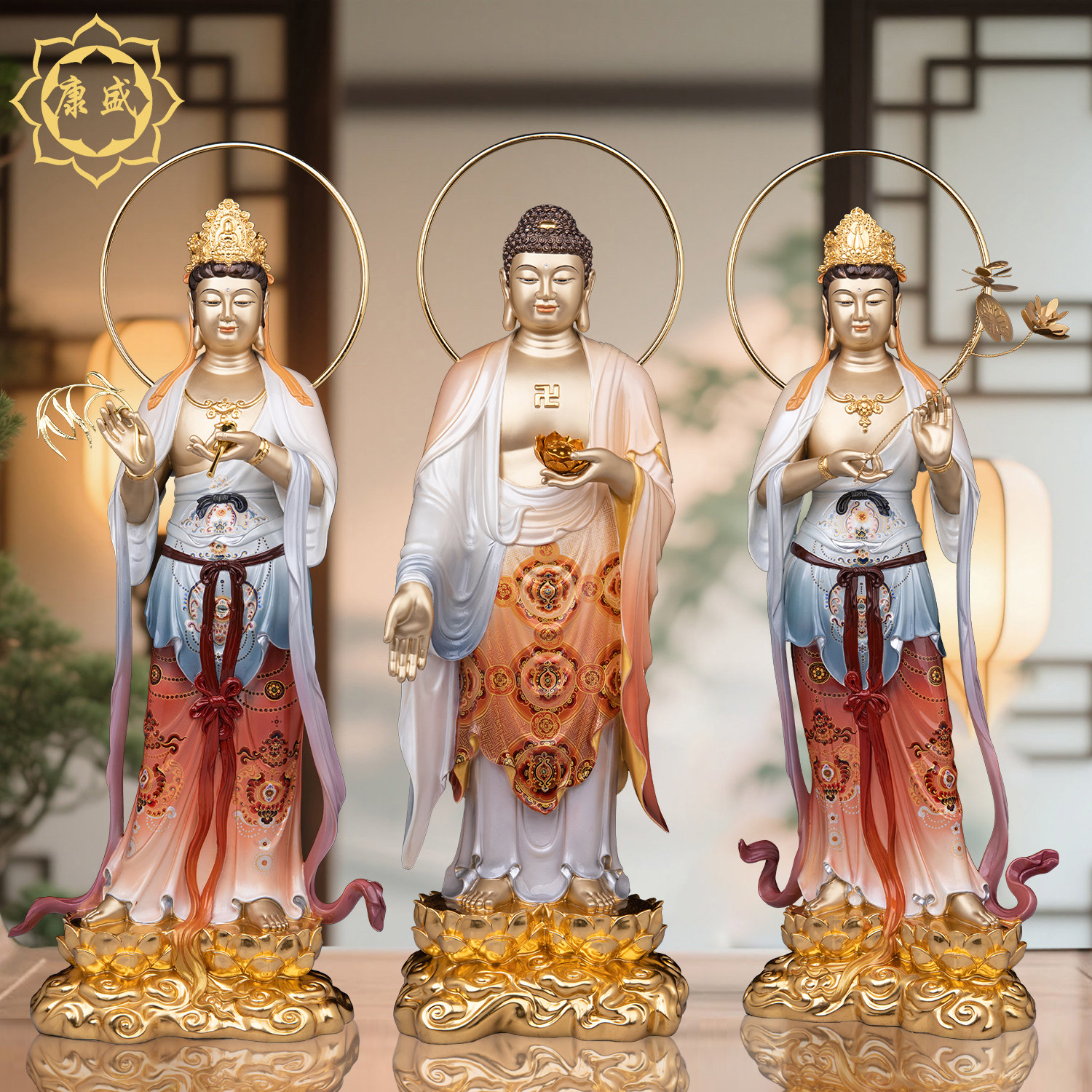西方三圣铜像阿弥陀佛大势至观音菩萨站像西方三圣佛像供奉摆件