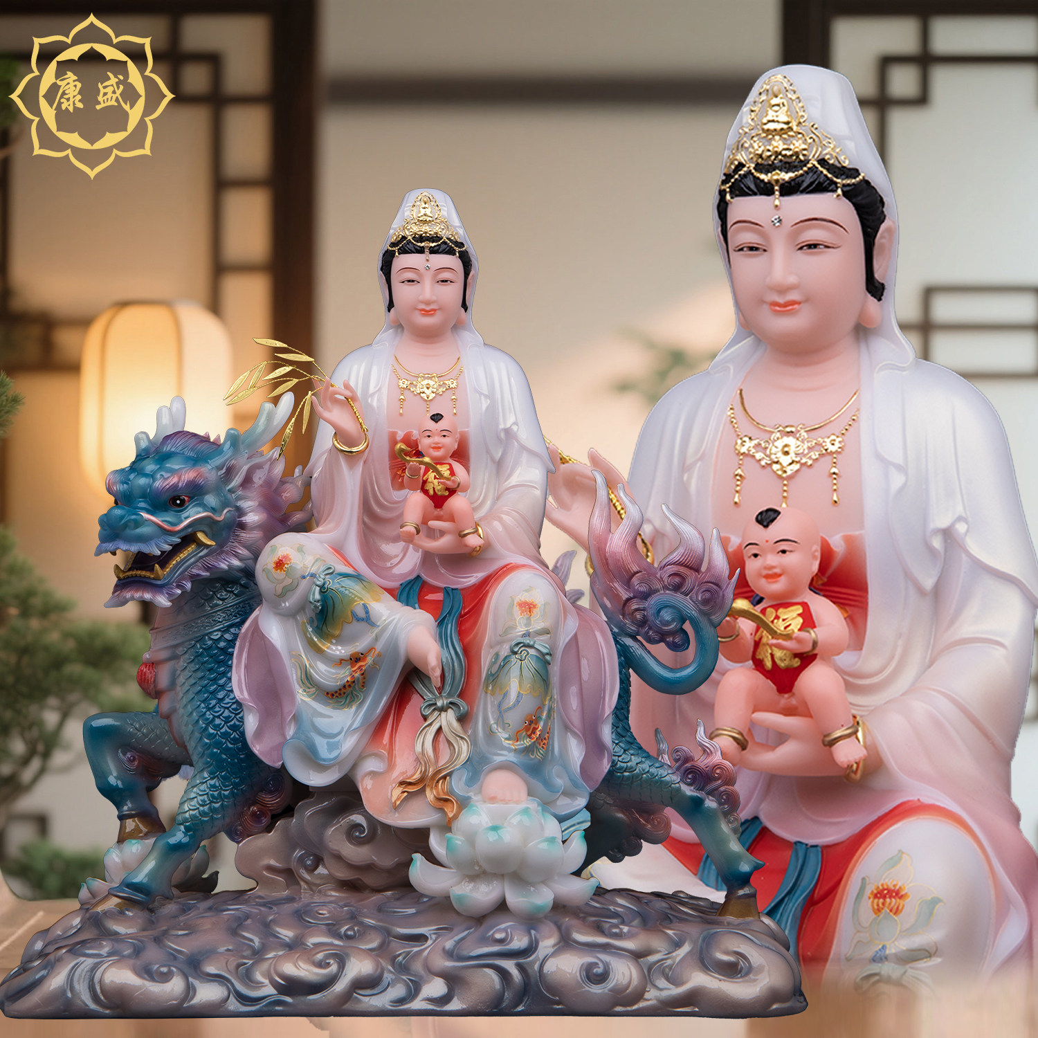 麒麟观音麒麟送子观音汉白玉彩绘坐骑观世音菩萨家用佛堂供奉摆件