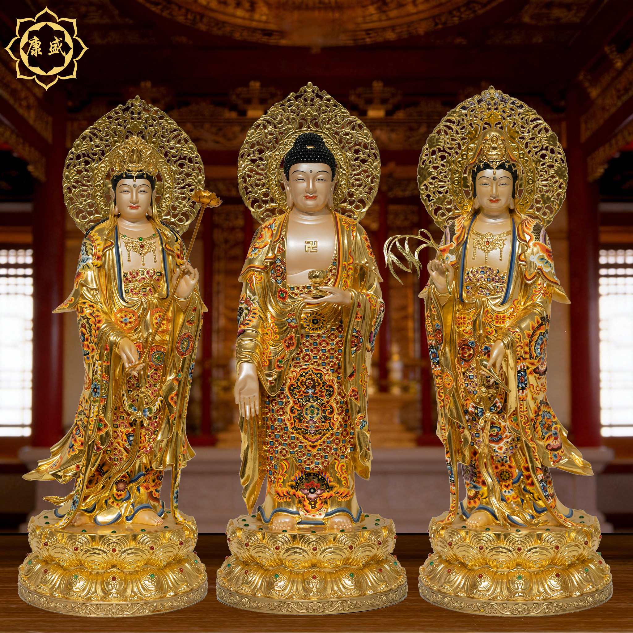 台湾西方三圣铜像阿弥陀佛像观音菩萨大势至站像家用佛堂供奉摆件