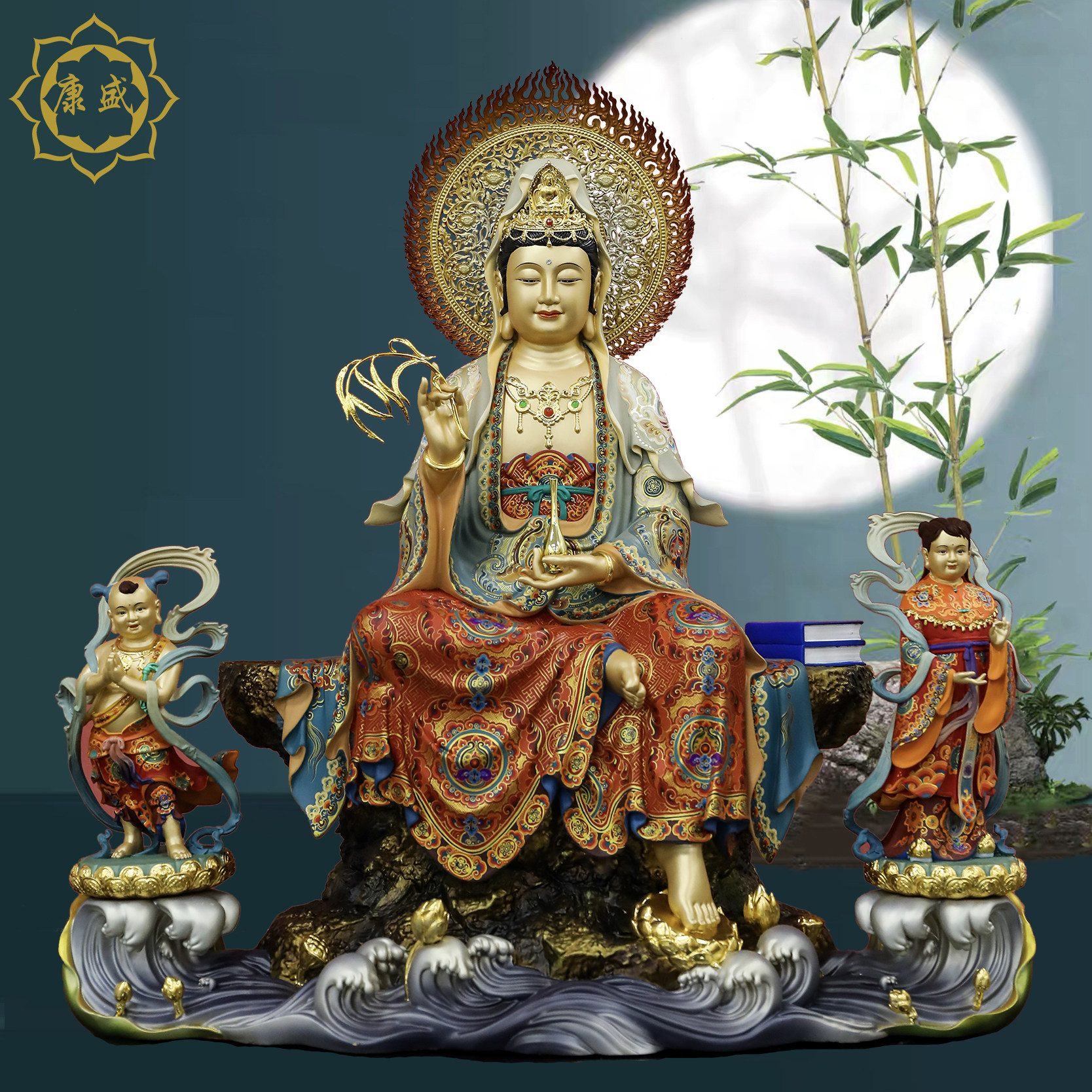 康盛自在观音菩萨佛像铜彩绘金童玉女神像观世音佛像摆件家用供奉