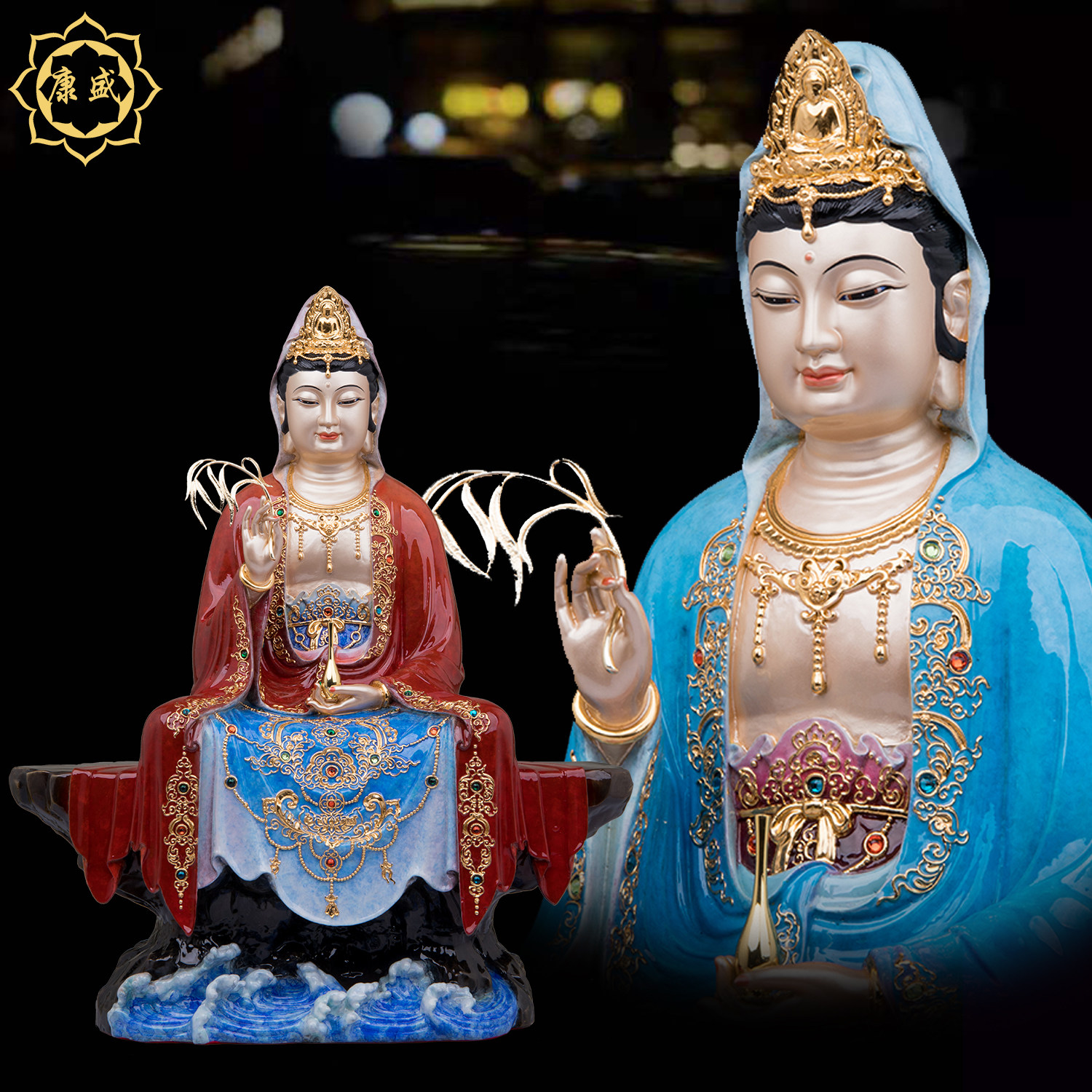 全铜禅定观音佛像黄铜热着色坐山海浪南海观世音水月观音菩萨摆件