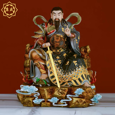 真武大帝神像黄铜锦雕彩绘北玄天上帝玄武祖师铜像家用供奉摆件