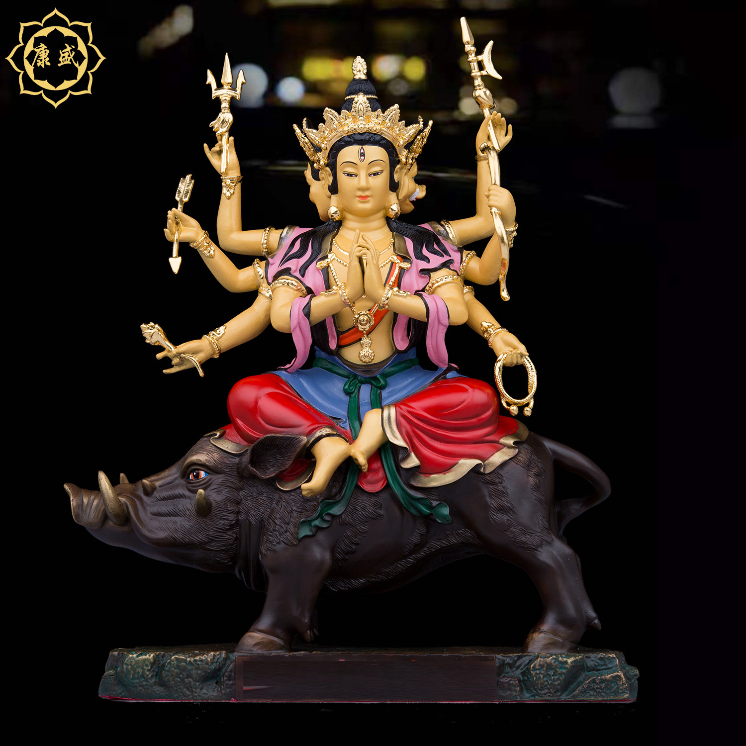 黄铜骑猪观音菩萨佛像三面八臂默里支天佛像光面佛母家用祝福摆件