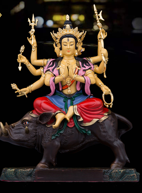 黄铜骑猪观音菩萨佛像三面八臂默里支天佛像光面佛母家用祝福摆件