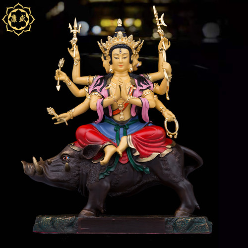 黄铜骑猪观音菩萨佛像三面八臂默里支天佛像光面佛母家用祝福摆件