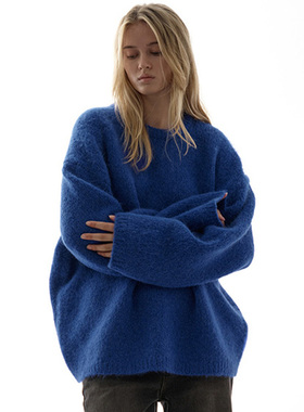 nothing written蓝色羊驼毛毛衣女25秋冬新款宽松慵懒针织衫外套