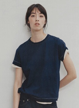 nothing written深蓝色圆领短袖T恤女25夏季宽松基础简约纯棉上衣