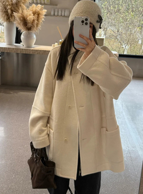 lowclassic羊毛大衣女2025冬新款韩et*os中长款白色立领毛呢外套