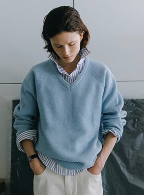 nothing written蓝色羊毛针织衫女2025冬季新款V领宽松百搭毛衣