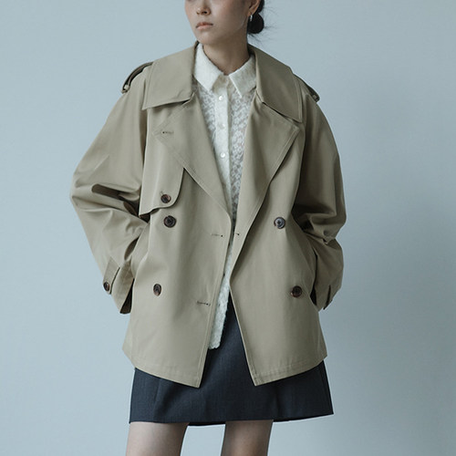 卡其色宽松系带翻领工装风衣女