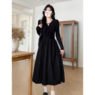 ROUMIKL早春初秋法式赫本风黑色长袖连衣裙大码女装胖mm收腰显瘦