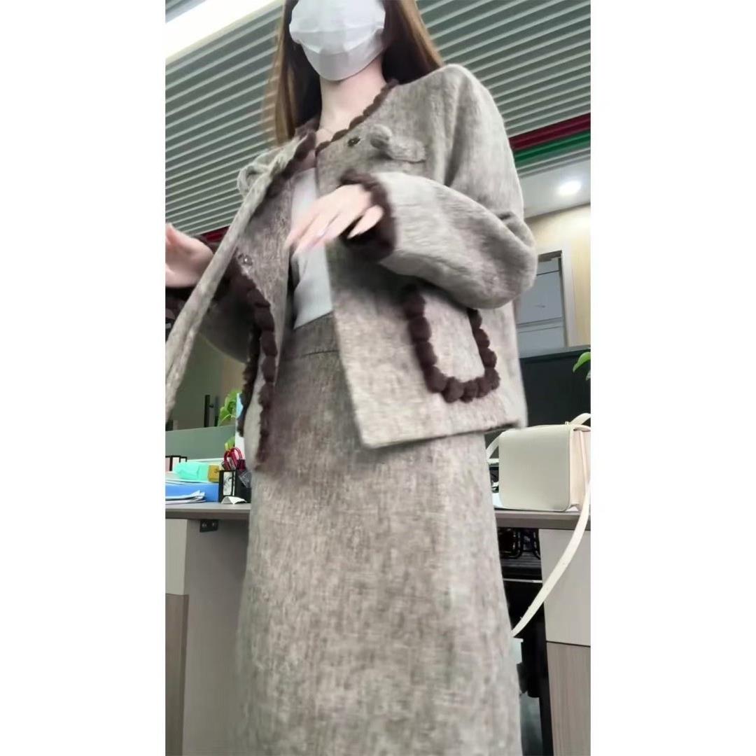 ROUMIKL加厚小香风夹外套半身裙两件套装女秋冬穿搭一整套高级感