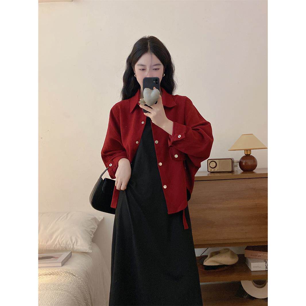 ROUMIKL早春初秋法式黑色吊带裙红色外套两件套大码胖mm遮肚子显