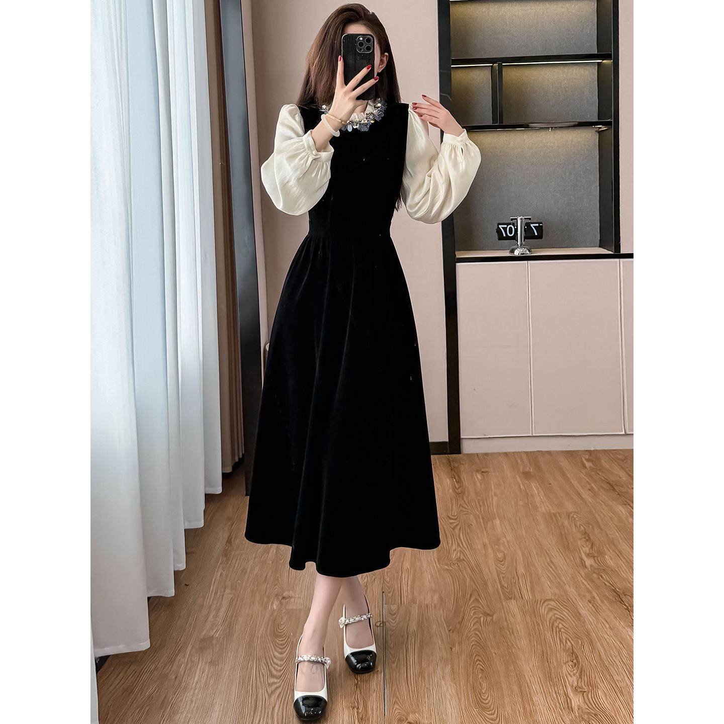 ROUMIKL赫本风miu系千金穿搭黑色连衣裙女秋冬高级感晚礼服显瘦丝