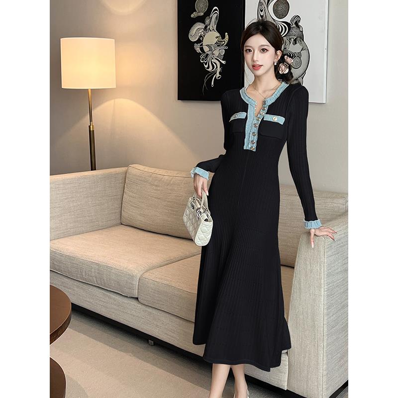 ROUMIKL小香风高级感收腰针织连衣裙女秋冬牛仔撞色边休闲显瘦长