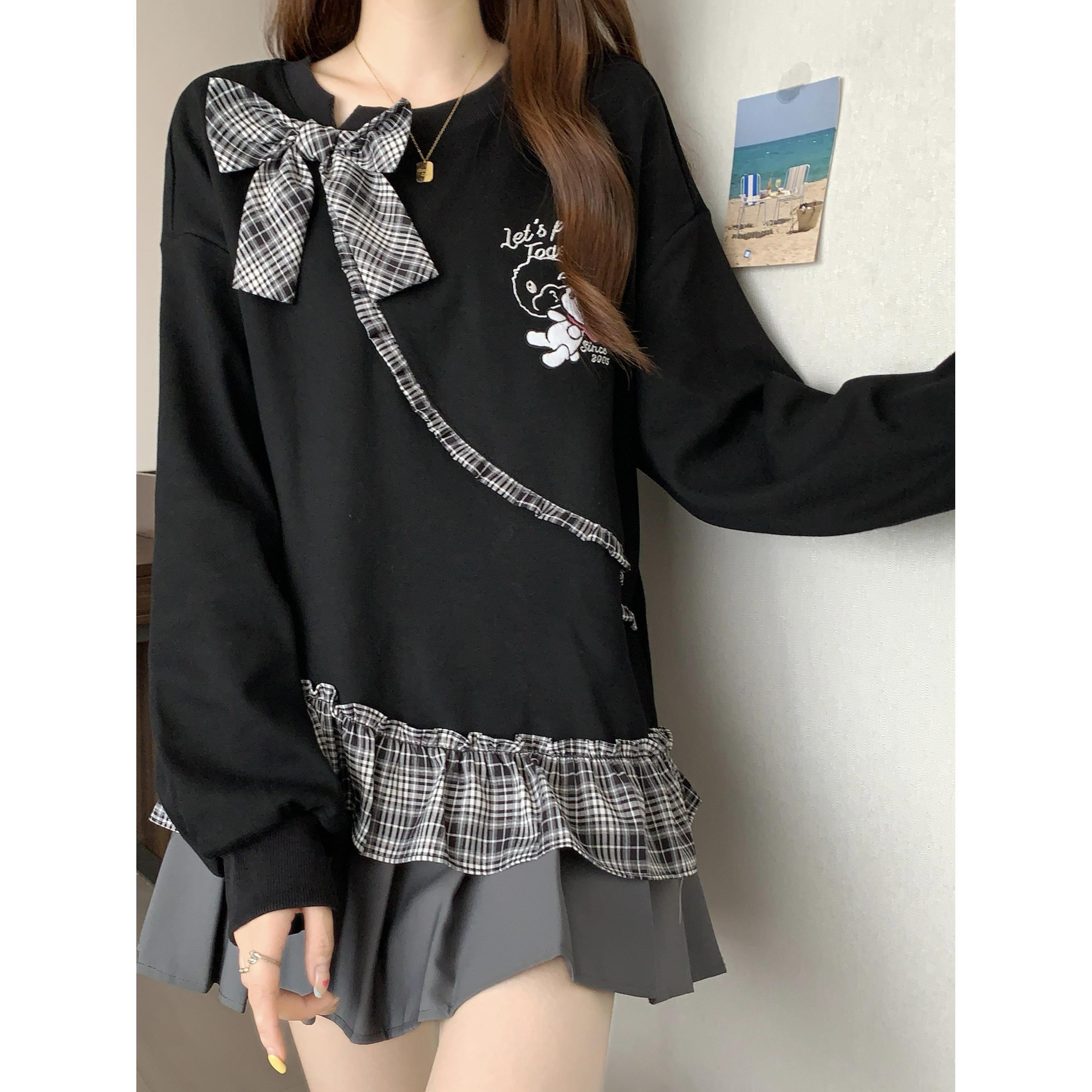 ROUMIKL大码女装胖MM黑色格纹拼接卫衣女春秋设计感蝴蝶结荷叶边
