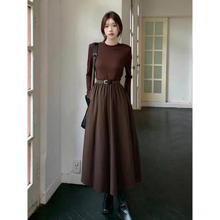 ROUMIKL覆古赫本风假两件长袖修身连衣裙女秋冬韩系千金穿搭内搭