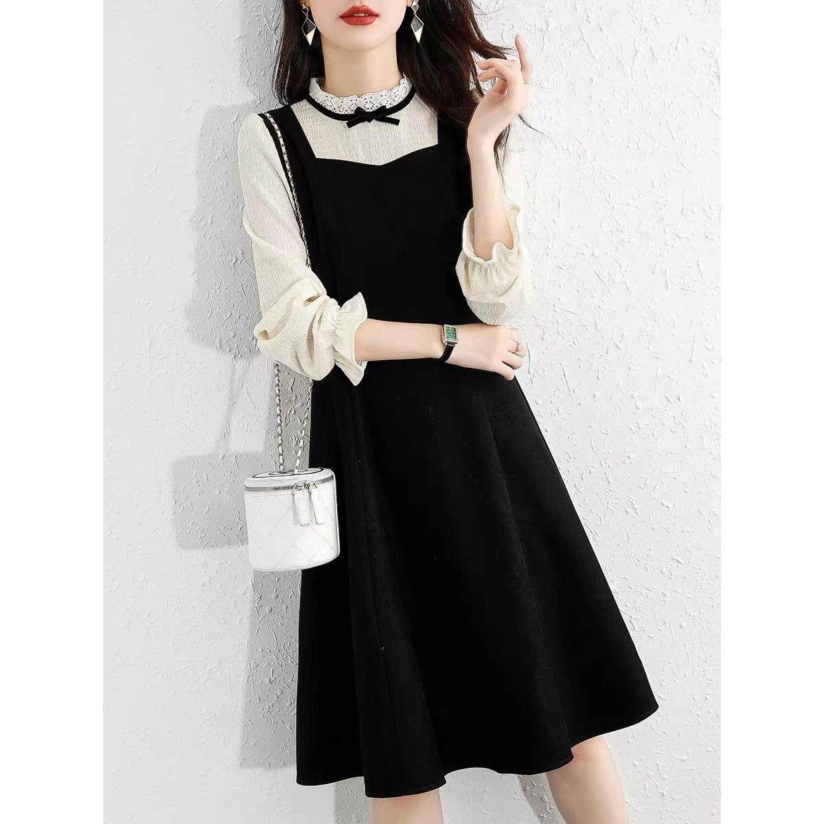 ROUMIKL春装法式蕾丝拼接假两件长袖连衣裙大码胖mm收腰显瘦气质