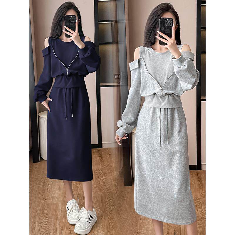 ROUMIKL灰色休闲运动套装裙女秋冬超火穿搭一整套假两件卫衣半身