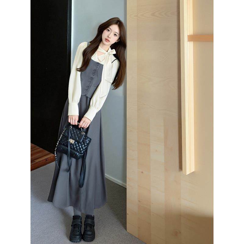 ROUMIKL韩系温柔风高级感早秋穿搭套装裙女秋装马甲衬衫百褶裙时