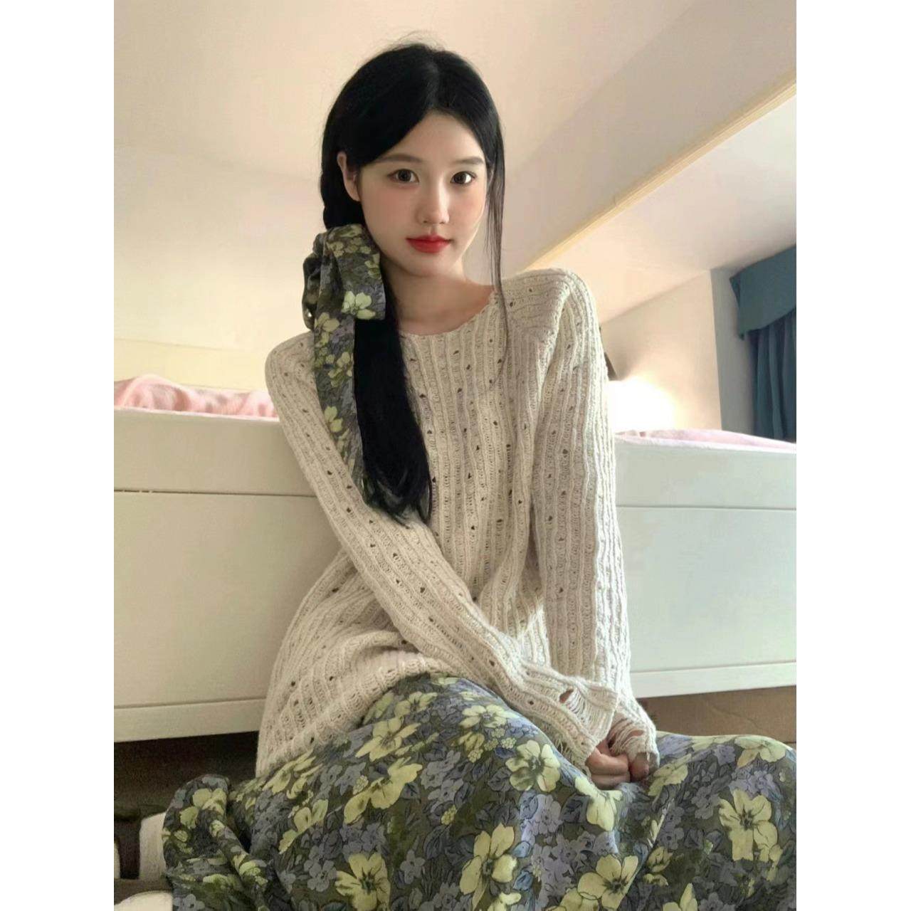 ROUMIKL韩系慵懒风绝美穿搭套装裙女秋冬宽松针织衫上衣碎花半身