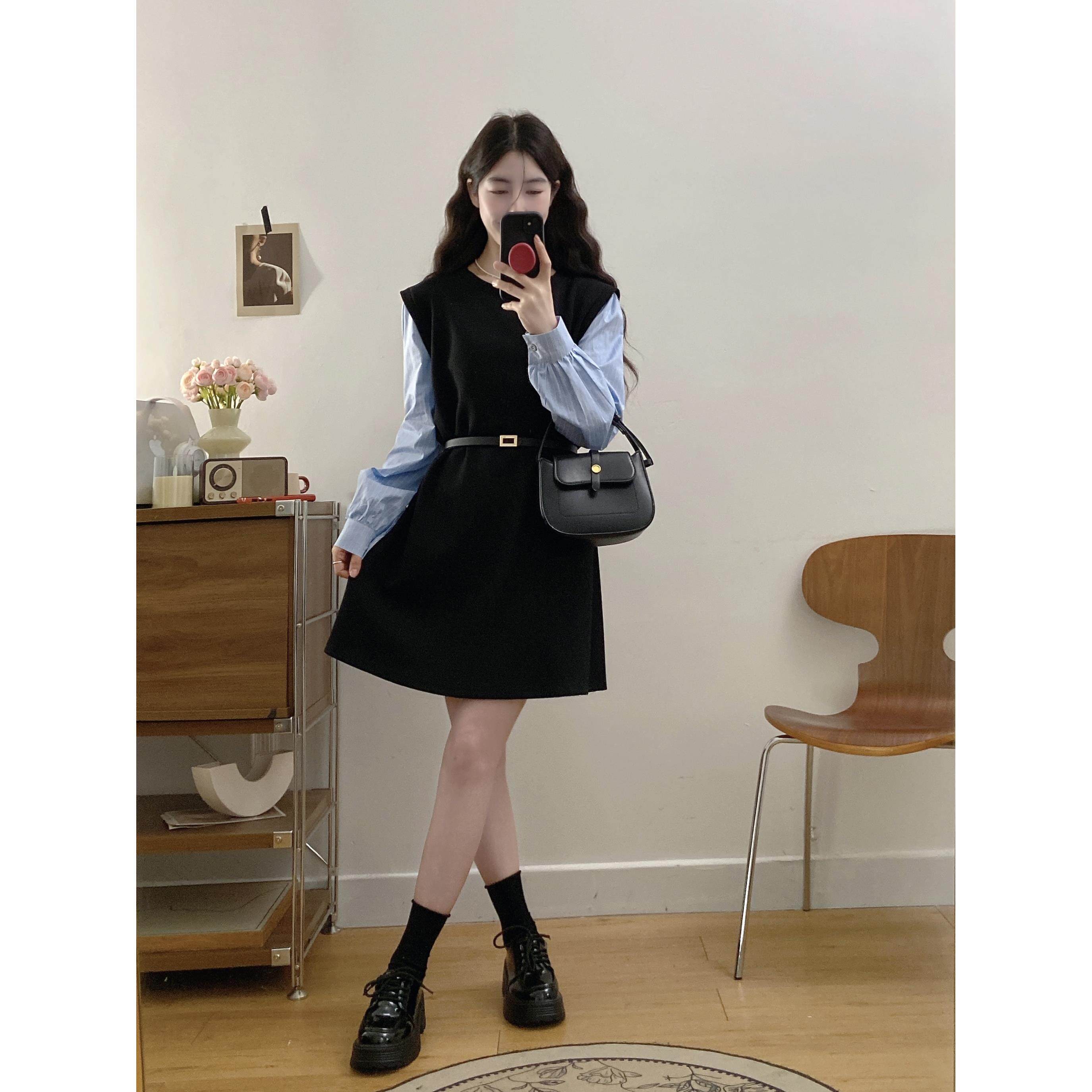 ROUMIKL春装赫本风黑色假俩件衬衫连衣裙大码胖mm收腰显瘦气质减