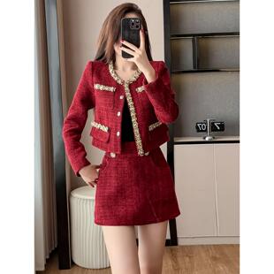 ROUMIKL安克拉红色小香风粗花呢套装裙女秋冬加厚短款外套气质名