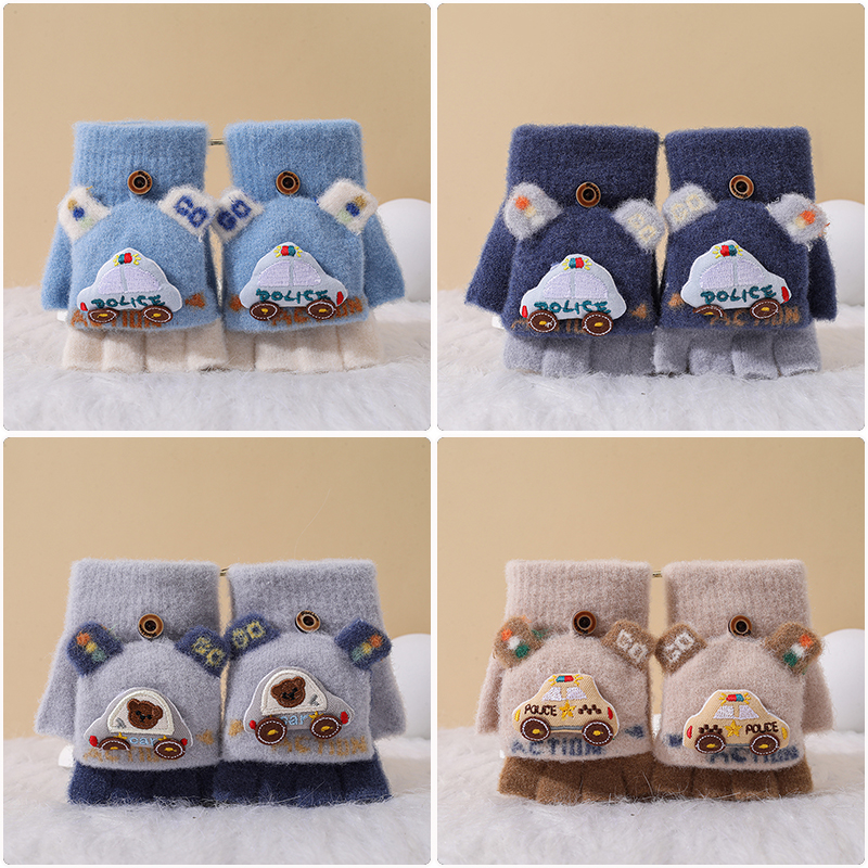 3-7岁宝宝翻盖手套男童可爱男孩卡通汽车半指幼儿冬保暖手袜半截