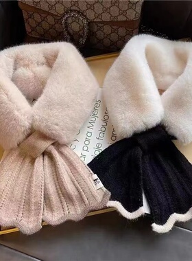 毛毛围脖女秋冬季百搭韩版加厚保暖针织仿兔毛绒交叉毛领子围巾