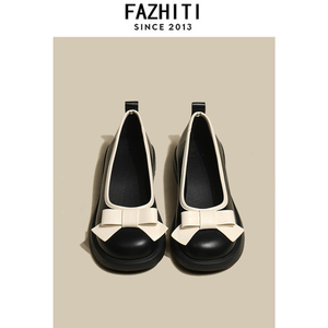 法式乐福鞋女2023春季新款厚底一脚蹬浅口蝴蝶结玛丽珍单鞋小皮鞋