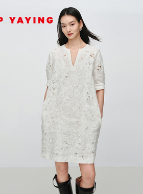 EP雅莹女装 白色亚麻肌理提花连衣裙含内搭 2025夏季新款4505A