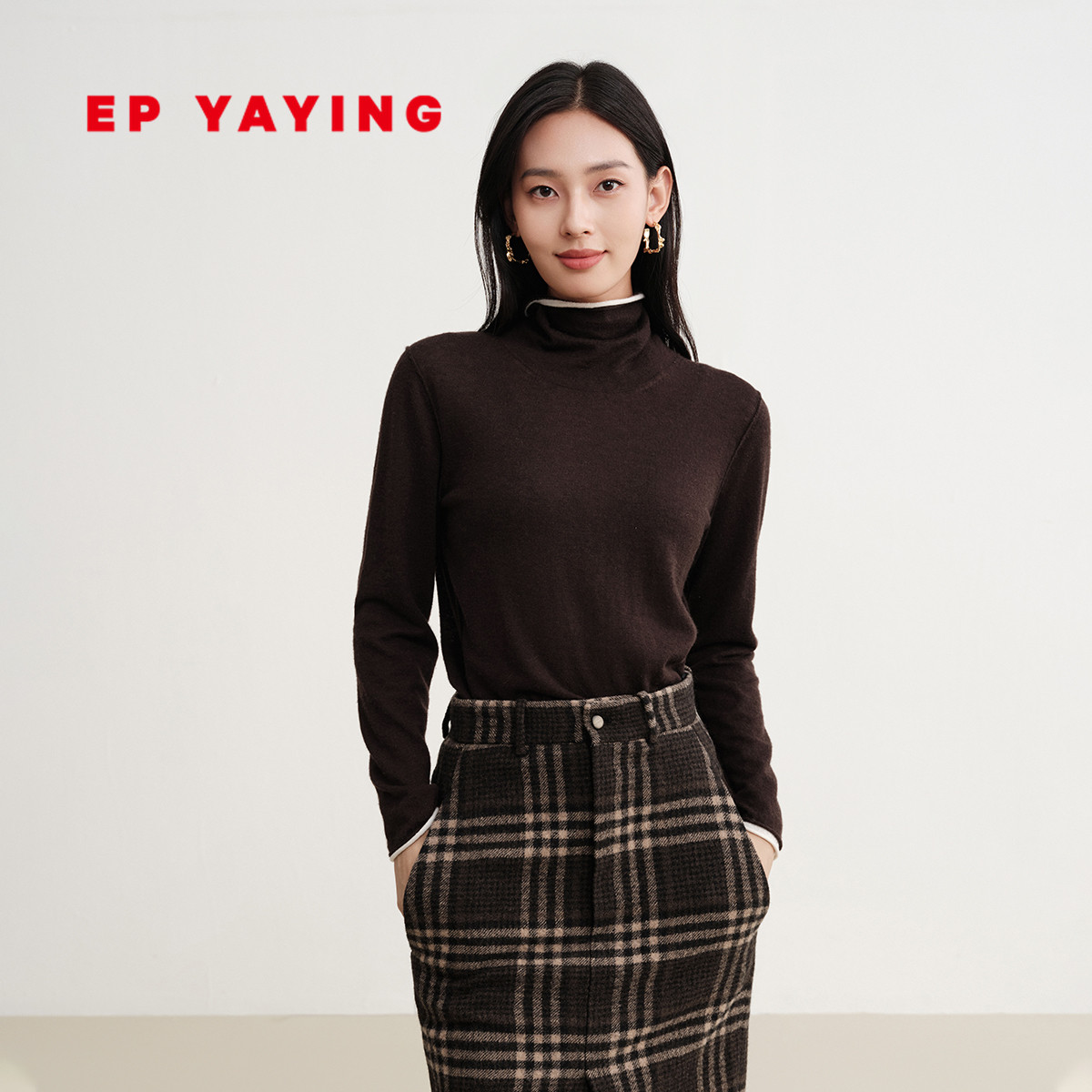 EP雅莹2025早秋新款女装 牦牛绒假两件高领撞色针织打底衫9906A