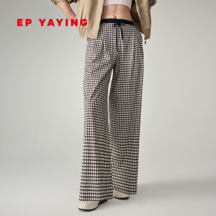 EP雅莹2026年新款女装 100%棉黑白格阔腿褶皱抽绳松紧腰裤子6452B